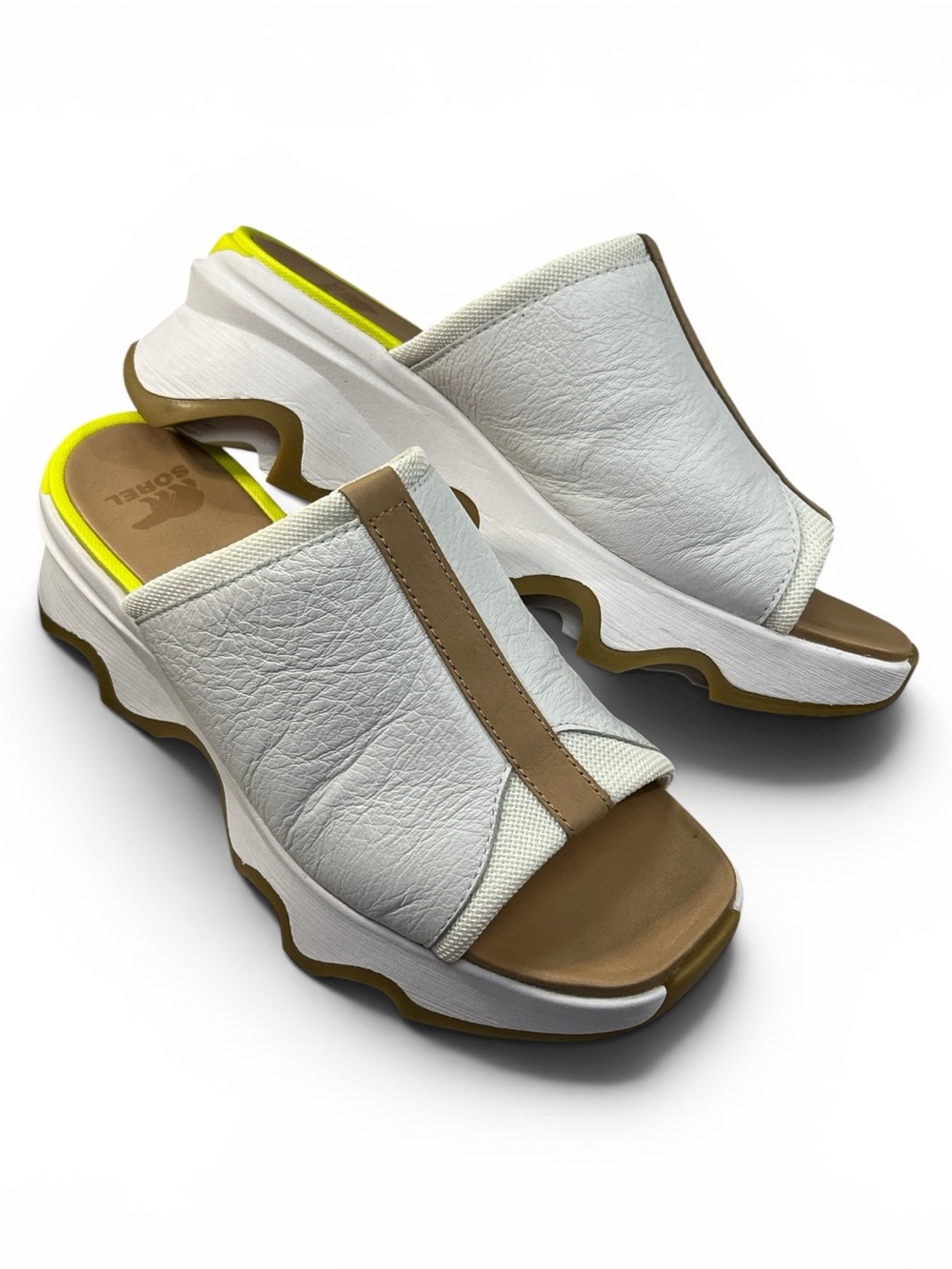 Sorel Kinetic Wedge Slide Sandals White Leather Platform Mule S 9.5